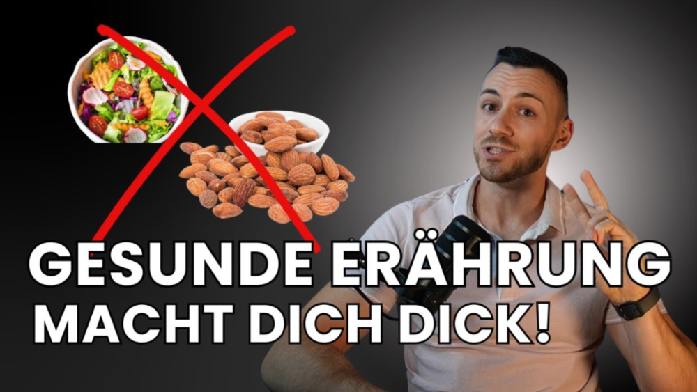 Ein Mann erklärt, warum gesunde Ernährung auch dick machen kann, mit Salat und Mandeln.