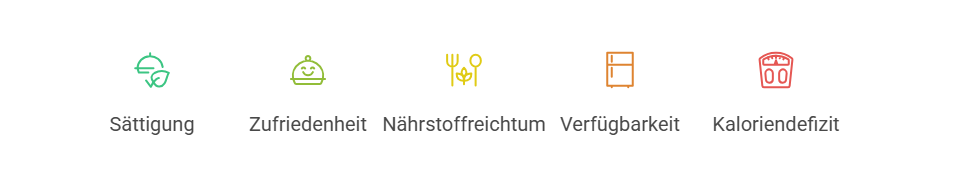 Grafik mit den fünf Eigenschaften einer perfekten Mahlzeit: Sättigung, Zufriedenheit, Nährstoffreichtum, Verfügbarkeit und Kaloriendefizit.