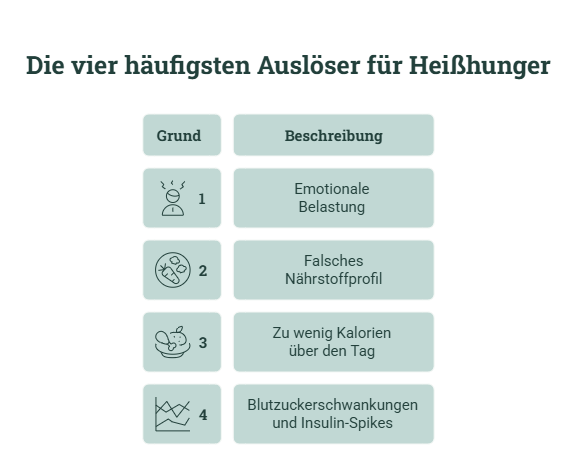 Die vier häufigsten Ursachen für Heißhunger sind emotionale Belastung, falsches Nährstoffprofil, zu wenig Kalorien und Blutzuckerschwankungen.