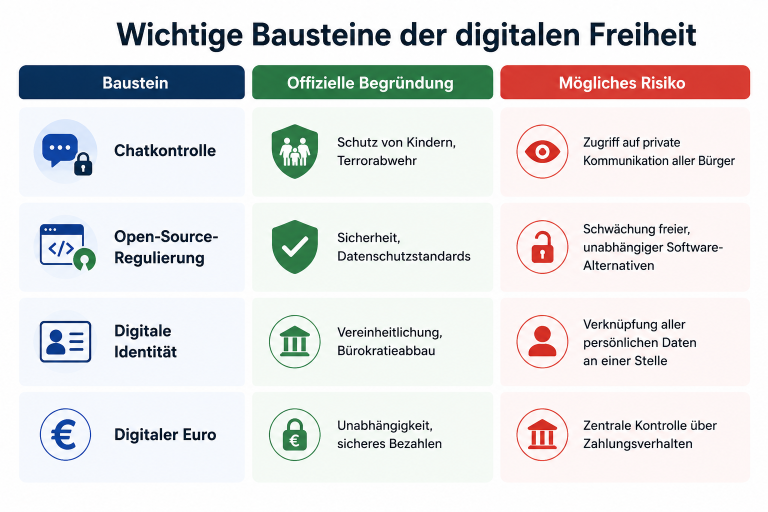Wichtige Bausteine der digitalen Freiheit und ihre Risiken.