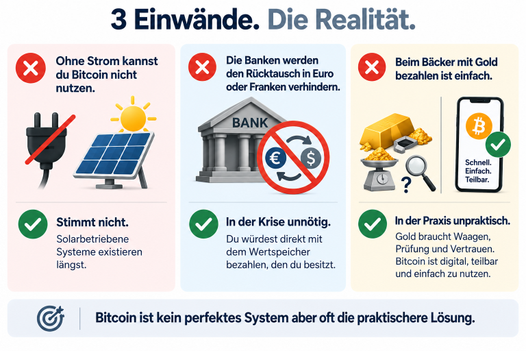 Grafik zu 3 Einwänden gegen Bitcoin als sichere Geldalternative.