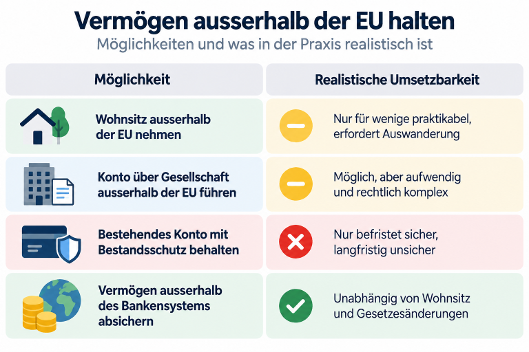 Tabelle zu Möglichkeiten, Vermögen ausserhalb der EU zu halten.