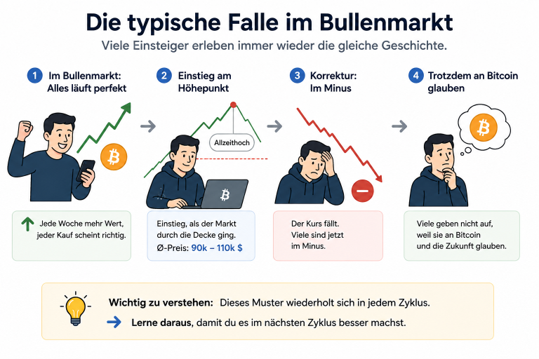 Grafik zur typischen Falle im Bullenmarkt bei Bitcoin-Investitionen.