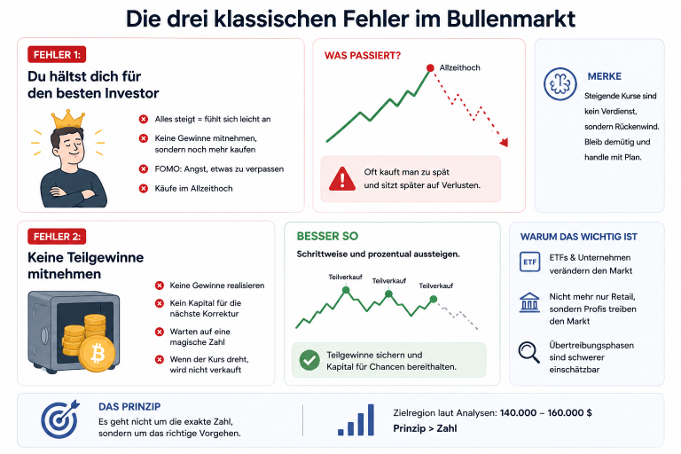 Grafik zu den drei klassischen Fehlern im Bullenmarkt bei Bitcoin.