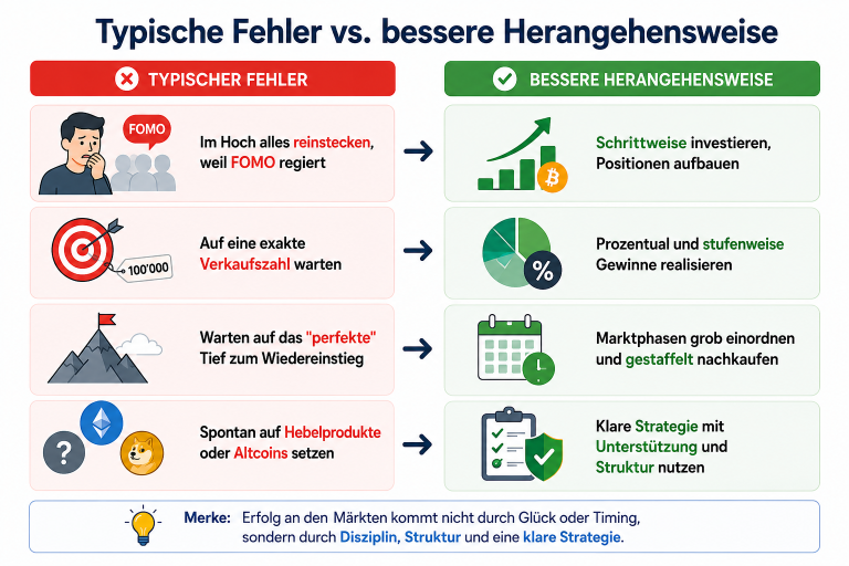 Visualisierung typischer Fehler im Bitcoin-Handel und bessere Herangehensweisen.