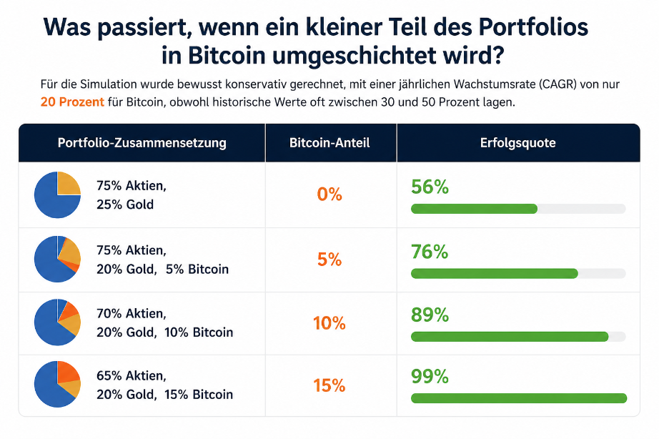 Diagramm zeigt, wie Bitcoin-Anteile die Erfolgsquote in der Altersvorsorge beeinflussen.
