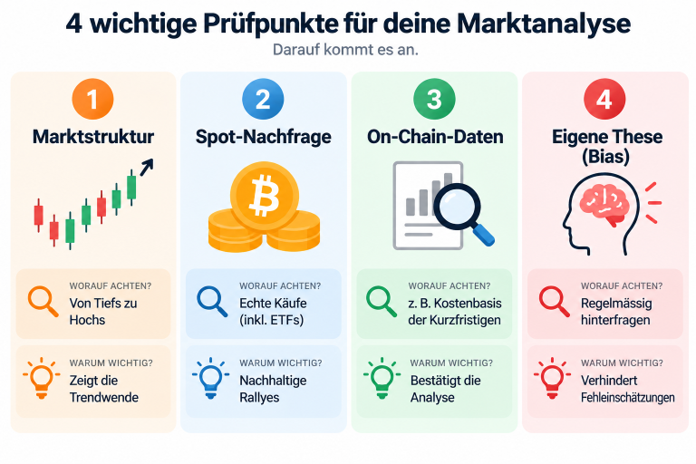 Vier wichtige Prüfpunkte zur Marktanalyse von Bitcoin-Preisen.
