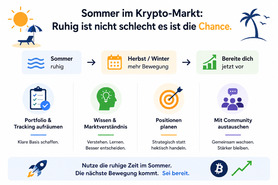 Grafik zum Thema Sommer im Krypto-Markt: Chancen nutzen und aktiv werden.