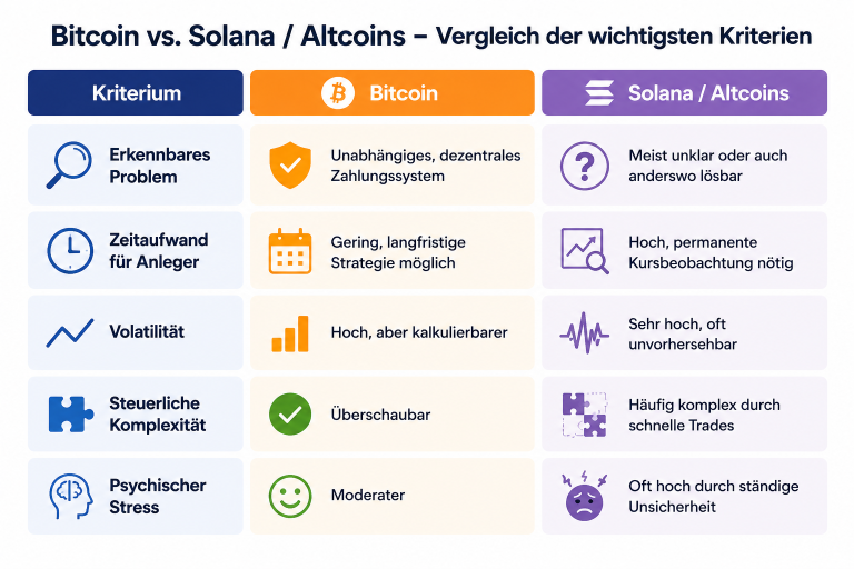 Vergleich von Bitcoin und Altcoins wie Solana anhand wichtiger Kriterien.
