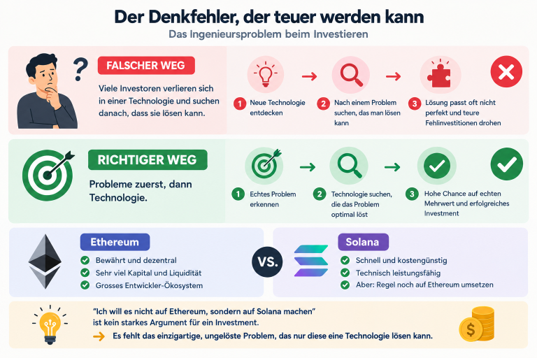 Infografik über das Ingenieursproblem beim Investieren, das falsche und richtige Ansätze vergleicht.