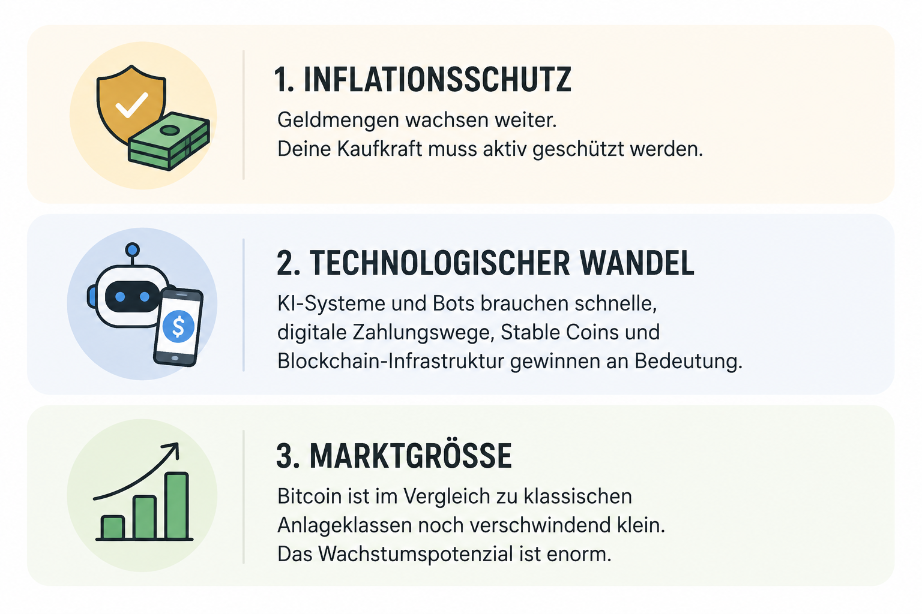 Drei Bereiche des Bitcoin-Investments: Inflationsschutz, technologischer Wandel und Markgröße.
