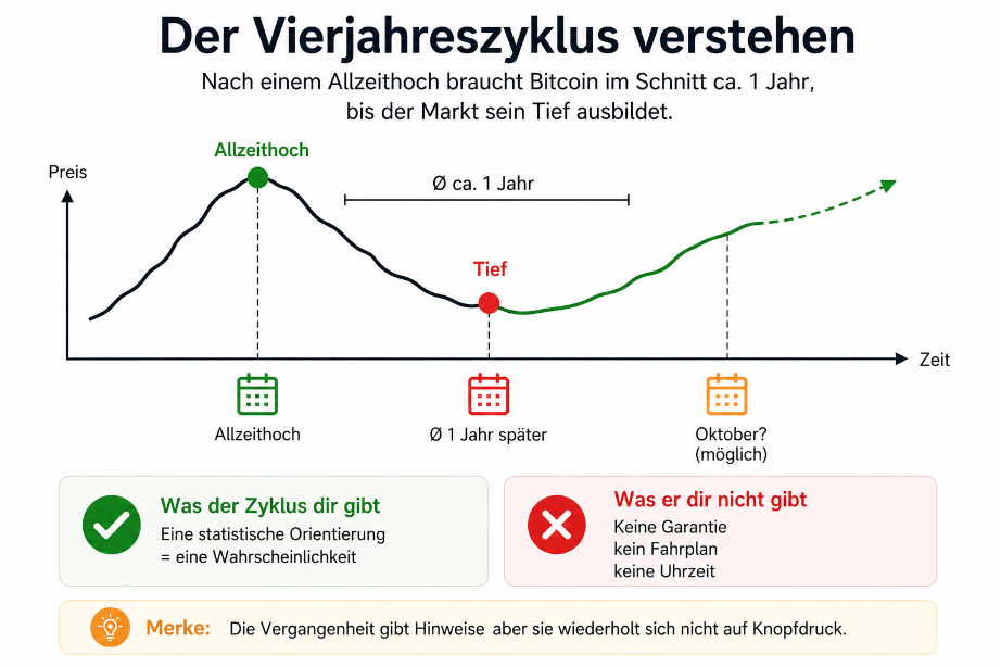 Grafik zum Bitcoin Vierjahreszyklus, zeigt Preisverlauf und Zeitrahmen.