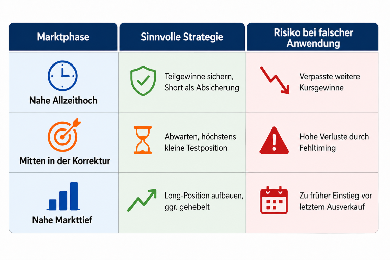 Tabelle zu Bitcoin shorten mit Marktphasen, Strategien und Risiken.
