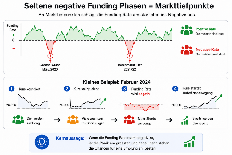 Diagramm zur Funding Rate von Bitcoin mit Markttiefpunkten und negativen Phasen.