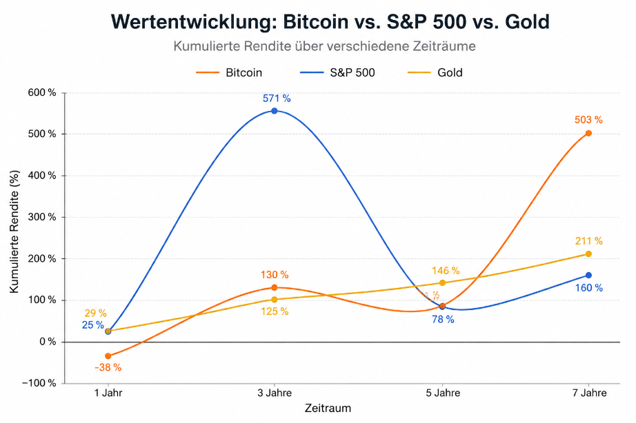 Kumulierte Renditevergleich von Bitcoin, S&P 500 und Gold über verschiedene Zeiträume.