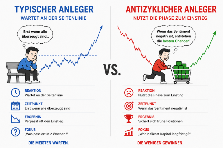Grafik zeigt typischen und antizyklischen Anleger beim Investieren in unsicheren Zeiten.