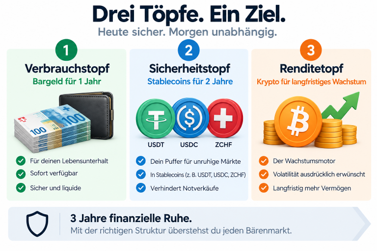 Die drei Topfstrategien für finanzielle Ruhe: Verbrauchstopf, Sicherheitstopf und Renditetopf mit Bitcoin.