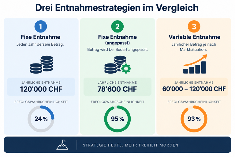 Vergleich von Entnahmestrategien mit Bitcoin: fixe und variable Entnahme Optionen.