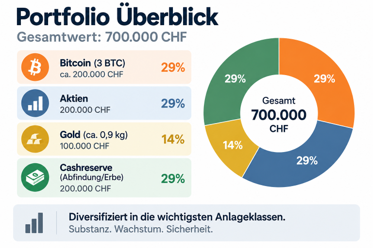 Grafik zeigt die Portfolio Übersicht mit Bitcoin, Aktien, Gold und Cashreserve.