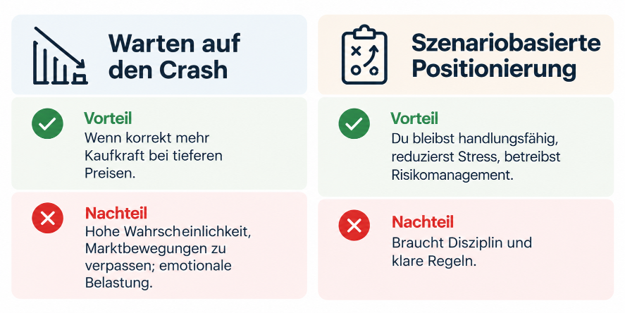 Vergleich der Strategien beim Bitcoin-Crash: Warten auf den Crash vs. szenariobasierte Positionierung.