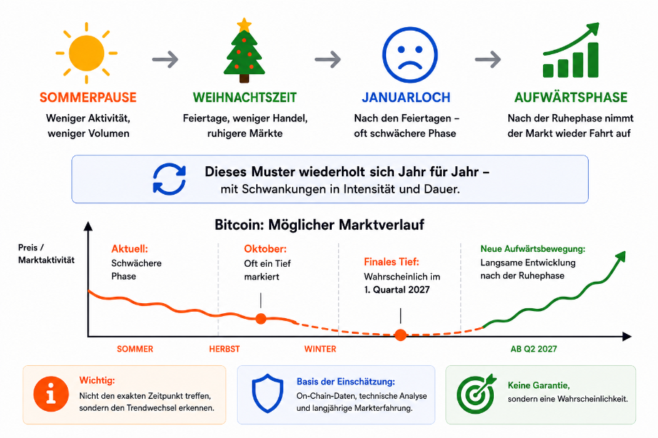 Grafik zum Bitcoin investieren zeigt saisonale Muster und Marktverlauf.