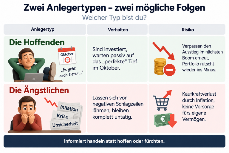 Infografik über Anlegertypen bei Bitcoin: Hoffende und Ängstliche Anleger.