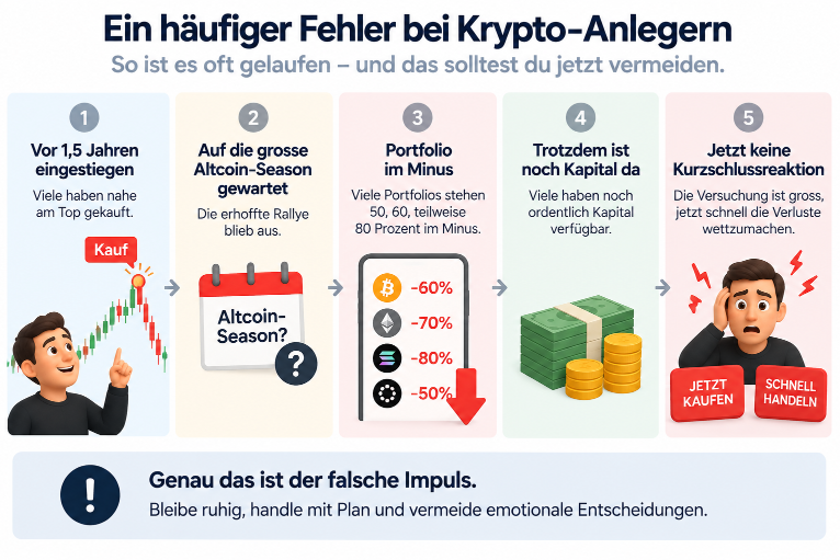 Infografik über häufige Fehler bei Krypto-Anlegern, insbesondere emotionale Entscheidungen.