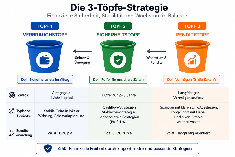 Grafik zur 3-Töpfe-Strategie für finanzielle Sicherheit und Wachstum.