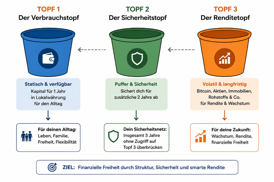 Grafik zu den drei Töpfen der Trinity Cashflow Strategie: Verbrauchstopf, Sicherheitstopf, Renditetopf.