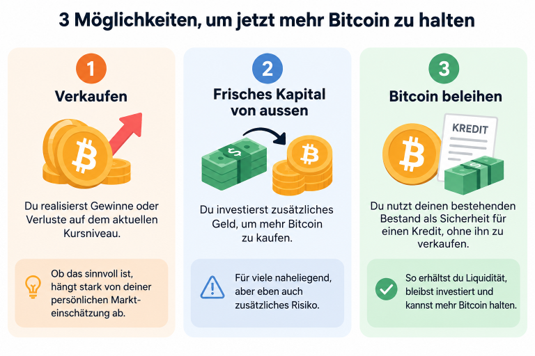 Die Grafik zeigt drei Möglichkeiten, um Bitcoin zu beleihen, inklusive der Optionen verkaufen und frisches Kapital.