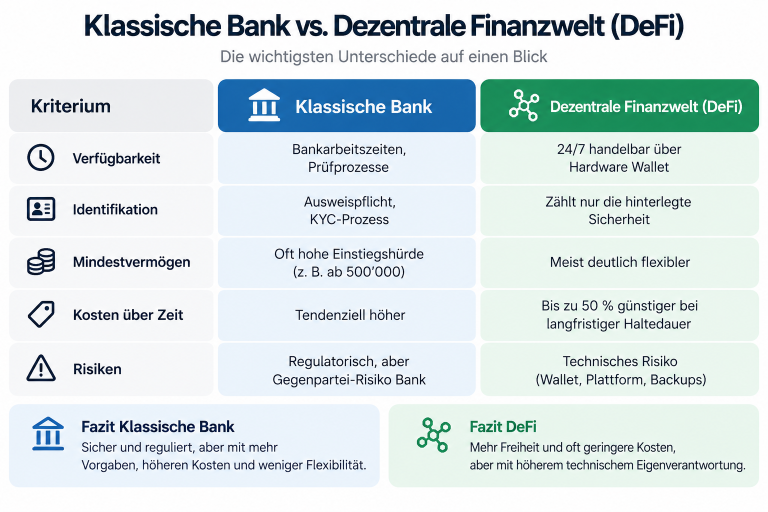 Vergleich zwischen klassischer Bank und dezentraler Finanzwelt beim Bitcoin beleihen.