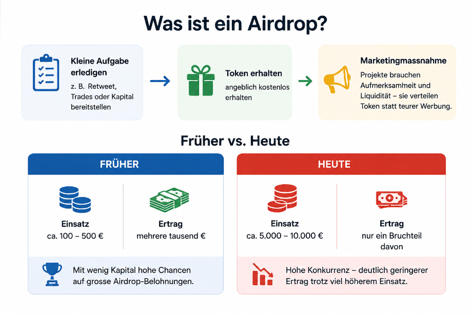 Grafik erklärt das Airdrop Scam Konzept mit früheren und heutigen Erträgen.
