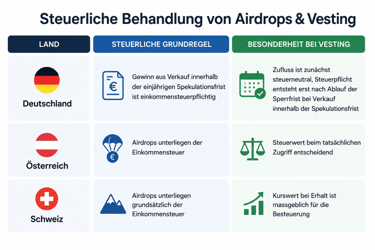 Grafik zur steuerlichen Behandlung von Airdrops und Vesting in Deutschland, Österreich und der Schweiz.