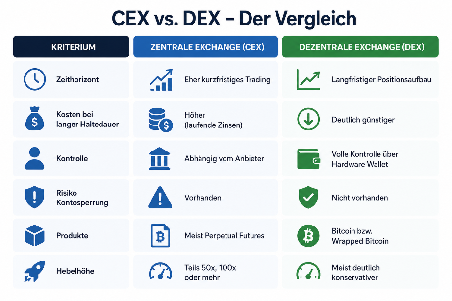 Vergleich der Kriterien zwischen CEX und DEX für Bitcoin-Trading.