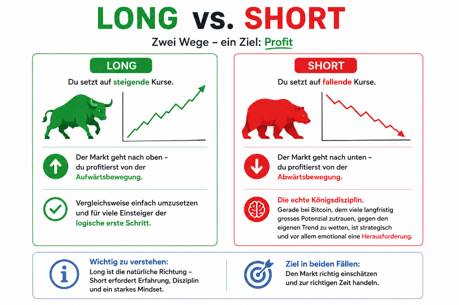 Infografik zu Long und Short Strategien zeigt auf steigende und fallende Kurse.
