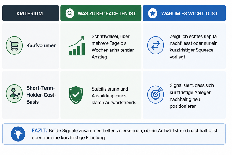 Tabelle mit Kriterien zur Beobachtung der Bitcoin-Kursentwicklung und ihrer Bedeutung.
