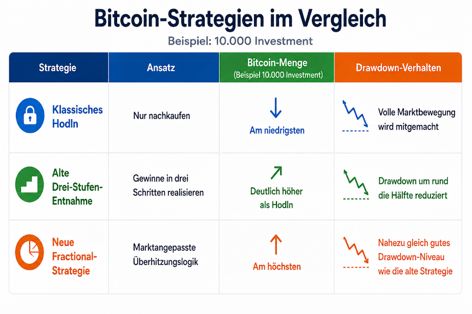 Vergleich verschiedener Bitcoin-Strategien und deren Drawdown-Verhalten.
