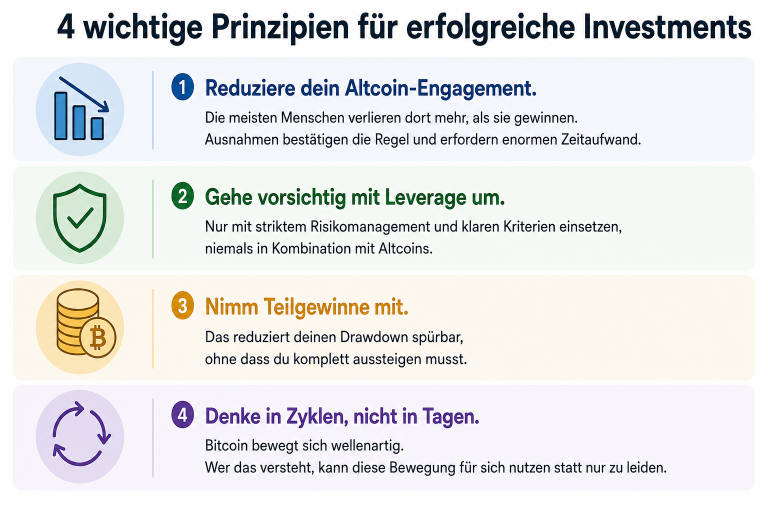 4 wichtige Prinzipien für erfolgreiche Investments: Altcoin-Engagement reduzieren, vorsichtig mit Leverage umgehen, Teilgewinne mitnehmen und in Zyklen denken.