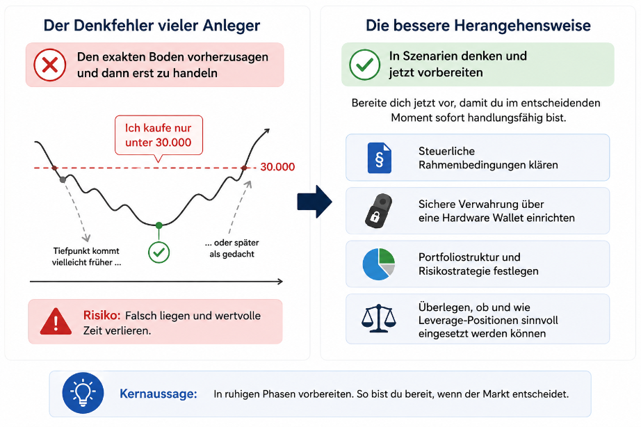 Grafik über den Denkfehler vieler Anleger und bessere Herangehensweisen mit Bullrun On-Chain-Signal.