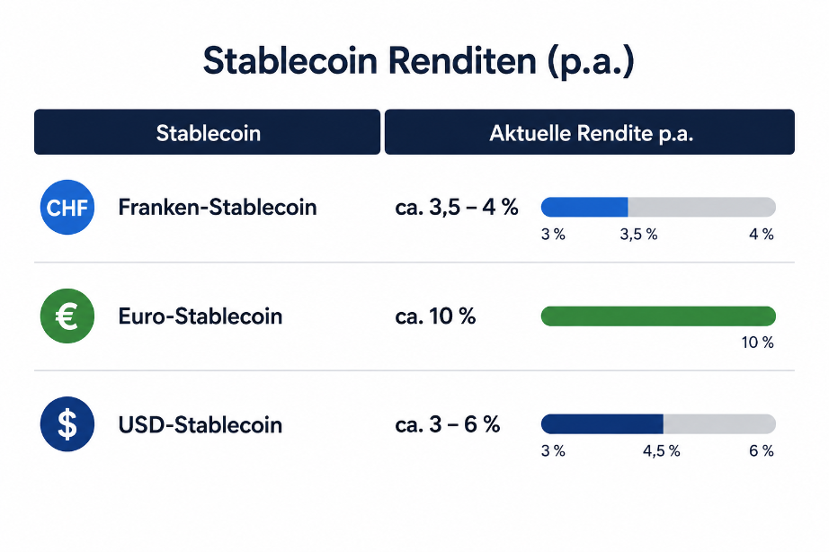 Grafik zeigt die aktuellen Renditen für verschiedene Stablecoins: CHF, Euro und USD.