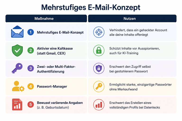 Mehrstufiges E-Mail-Konzept zum Schutz der digitalen Sicherheit.