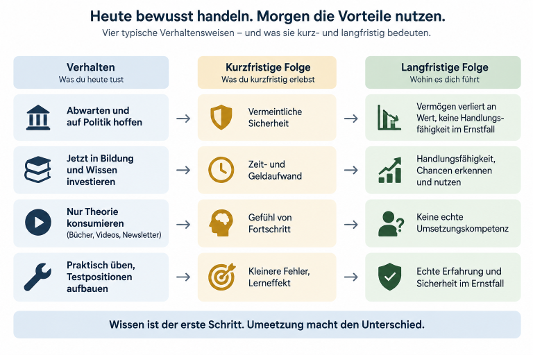 Grafik zu finanzieller Bildung mit Fokus auf heute handeln und morgen Vorteile nutzen.