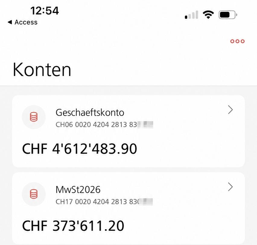 Kontostand in der Banking-App zeigt Werte für Geschäftskonto und MwSt.