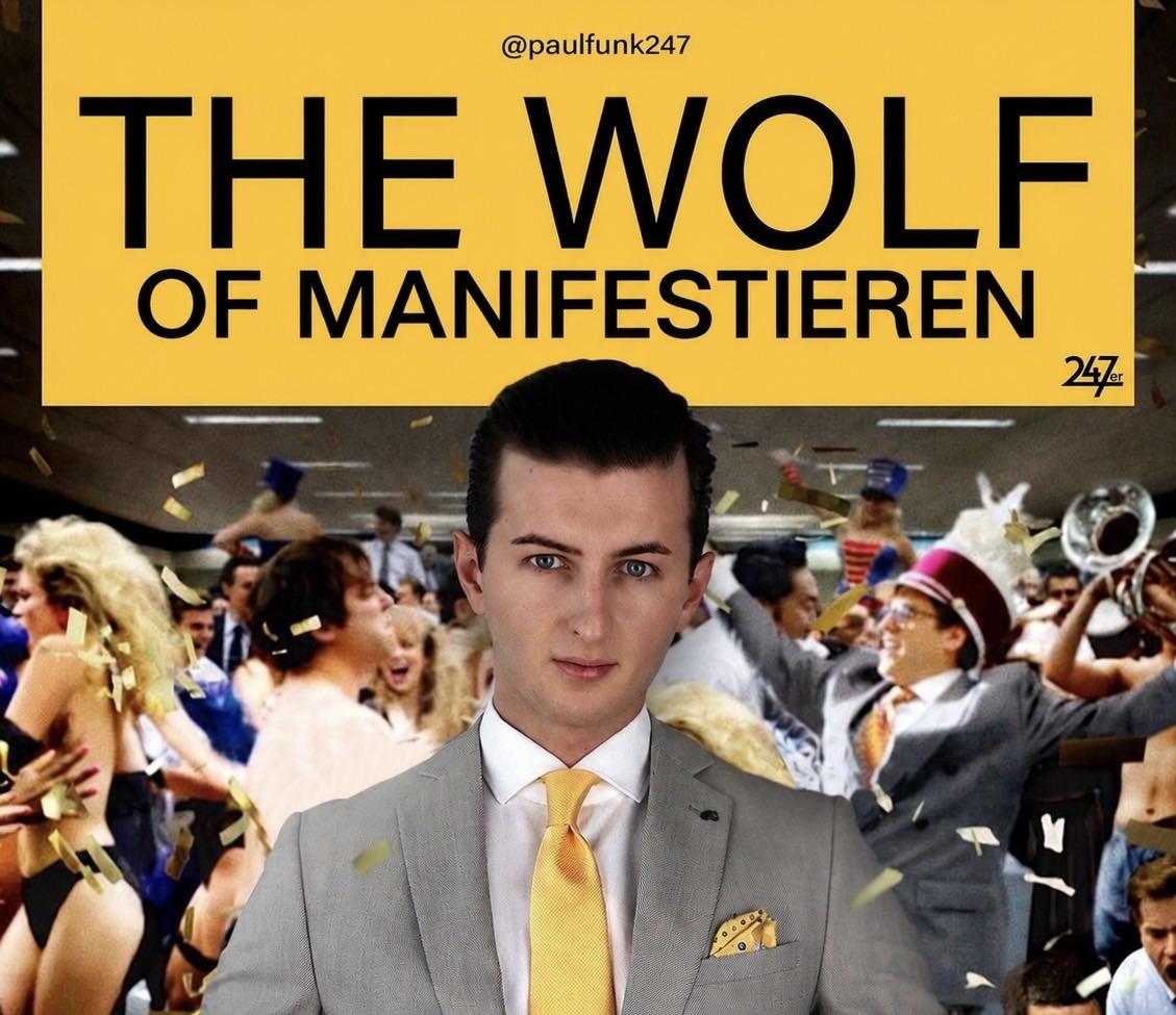 Der Wolf von Manifestieren auf einer glamourösen Party, während das Thema Millionär werden behandelt.