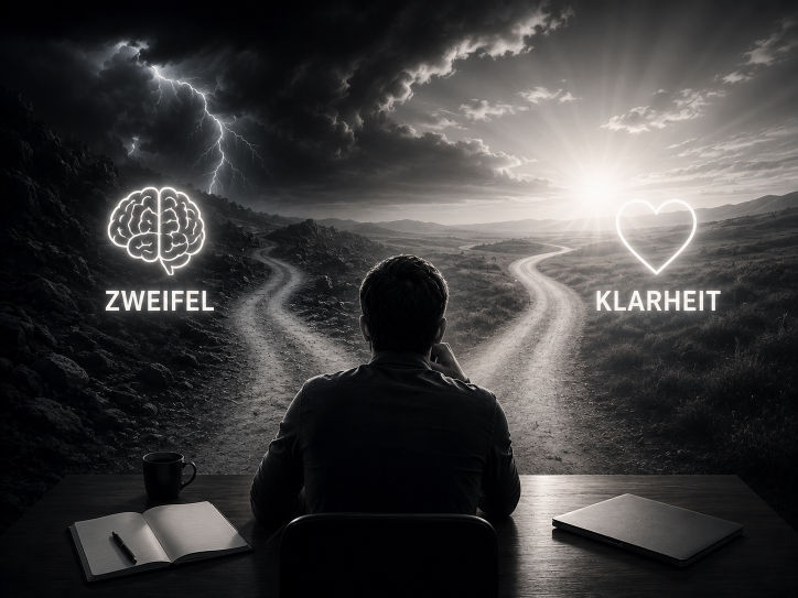 Ein Mann sitzt vor einem Tisch und blickt auf zwei Wege: Zweifel und Klarheit.
