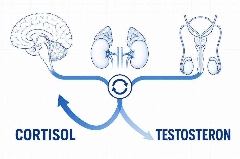 Illustration, die den Zusammenhang zwischen Cortisol und Testosteron zeigt, einschließlich Gehirn und Nieren.
