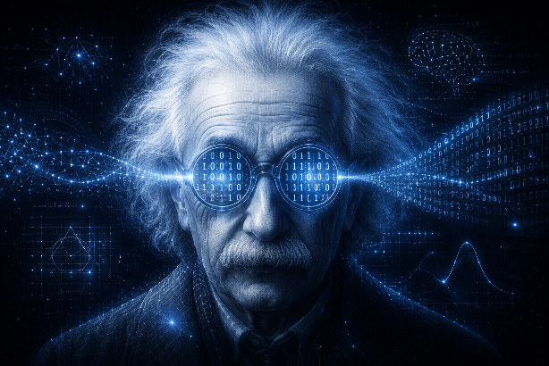 Albert Einstein mit Computerbrille visualisiert Manifestieren wissenschaftlich.