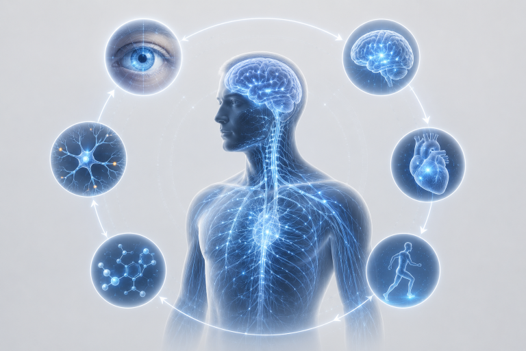Darstellung eines menschlichen Körpers mit Nervensystem, das die Verbindung zwischen Manifestieren und Wissenschaft zeigt.