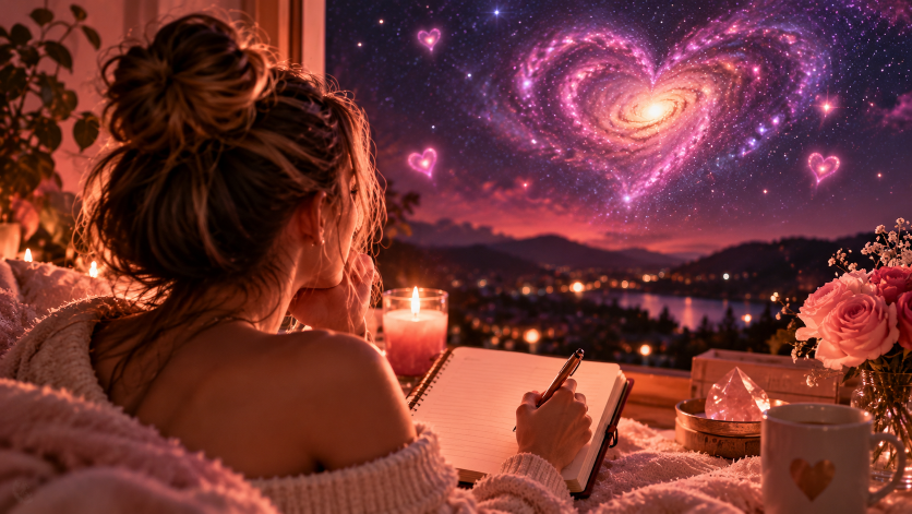 Eine Frau schreibt über das Traumpartner manifestieren und betrachtet den Sternenhimmel.