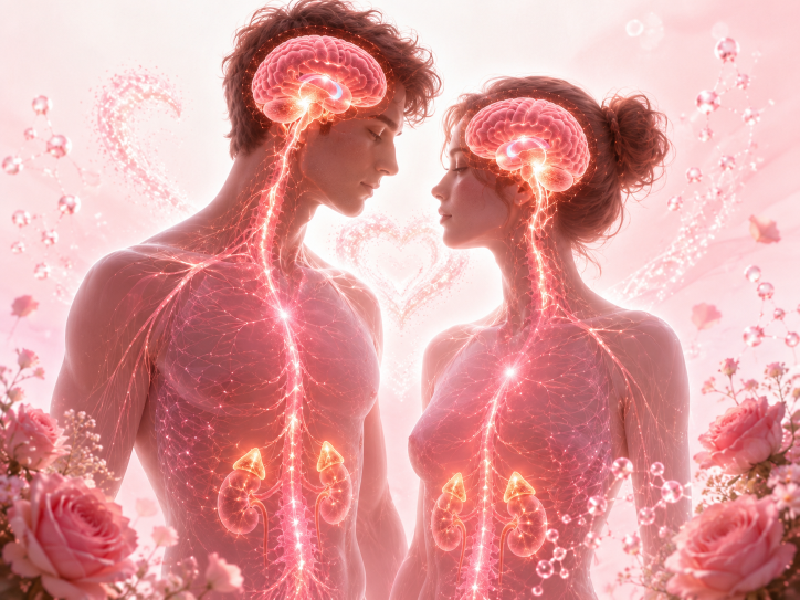 Paar, das mit ihren Gehirnen und Herzen verbunden ist, symbolisiert das Manifestieren des Traumpartners.